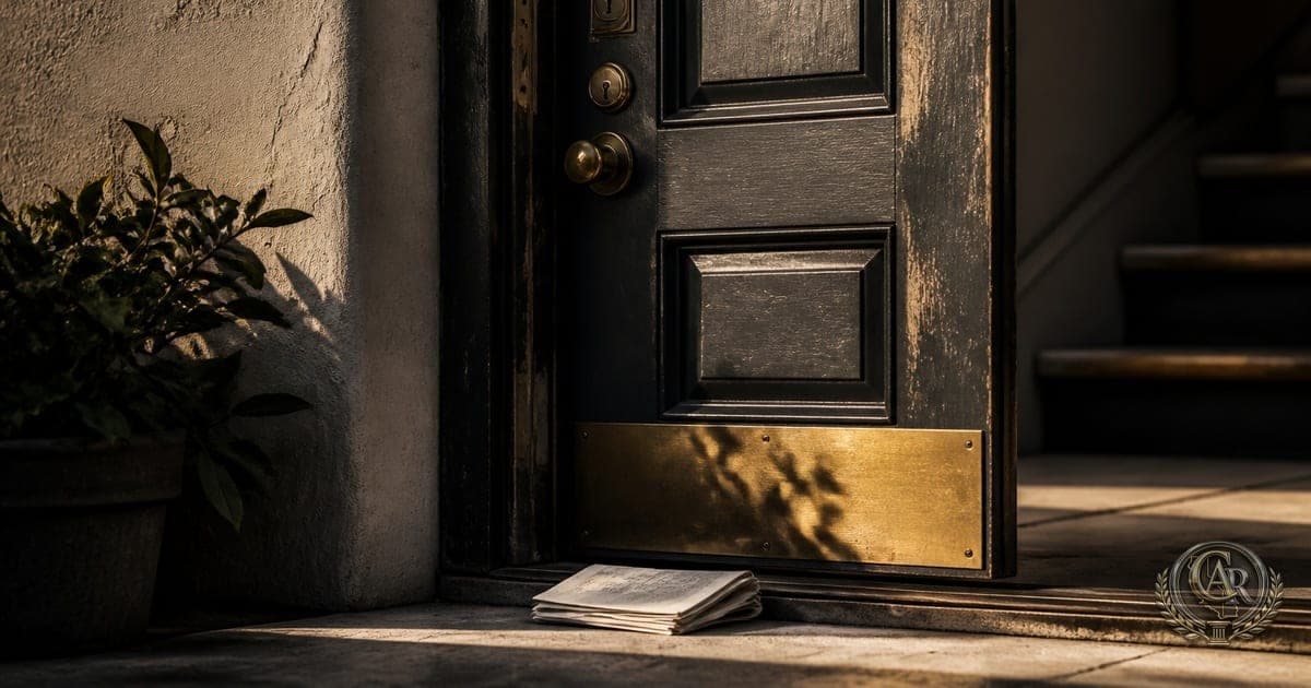 Weathered apartment door with brass deadbolt and a folded legal notice on the threshold in morning light