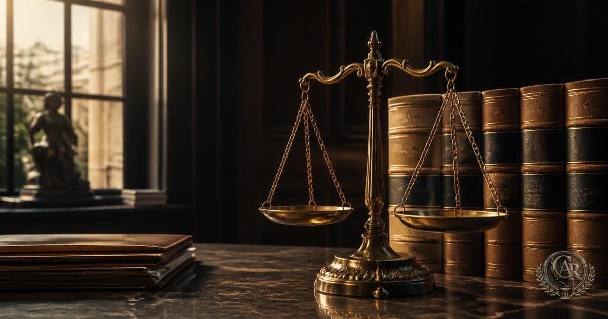 Brass scales of justice on a marble desk beside bound California law volumes in soft window light