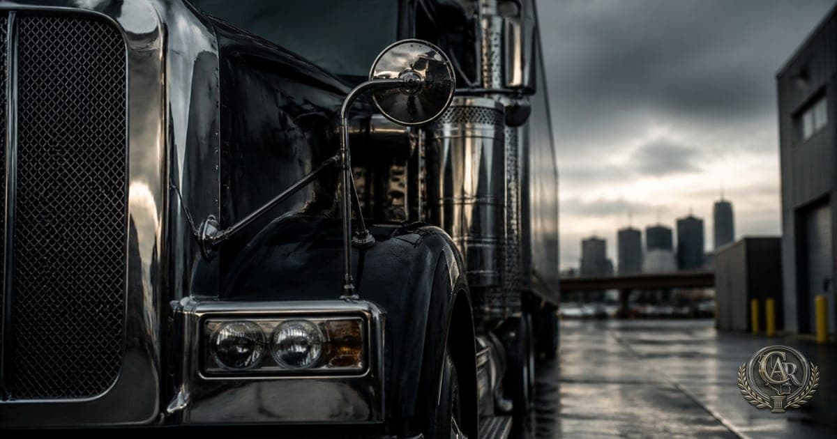 Chrome grille and side mirror of a parked semi-truck under overcast daylight, wet asphalt reflections