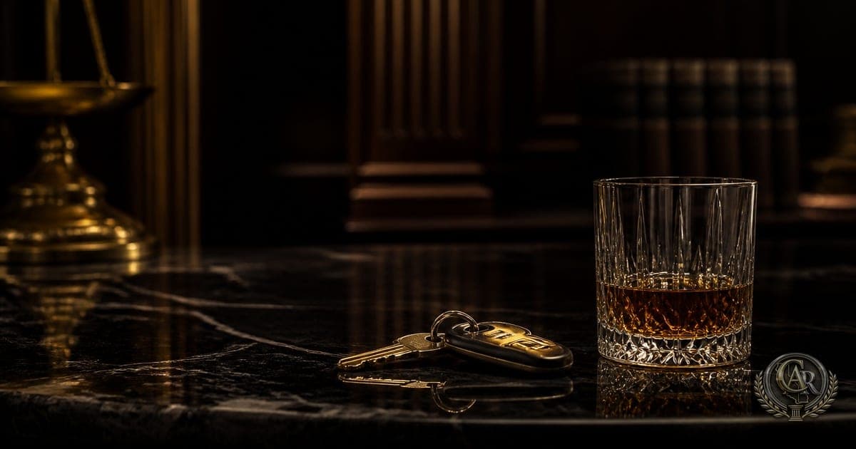 Brass car keys and a glass tumbler on a dark marble courtroom bench under low light