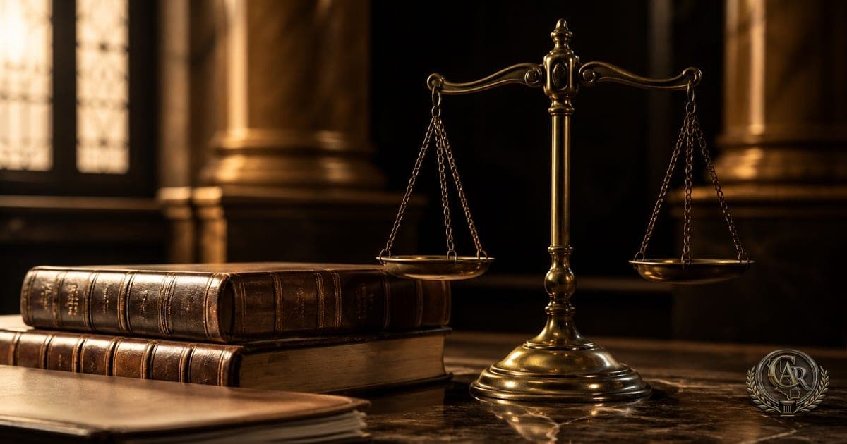 Brass scales of justice on a marble courthouse desk beside worn leather-bound legal volumes in warm light