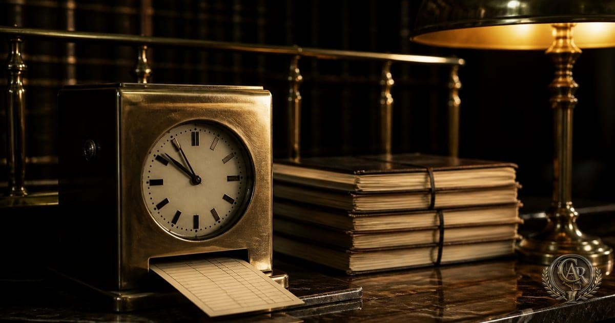 Brass time clock and stacked payroll ledgers on a marble desk under warm light