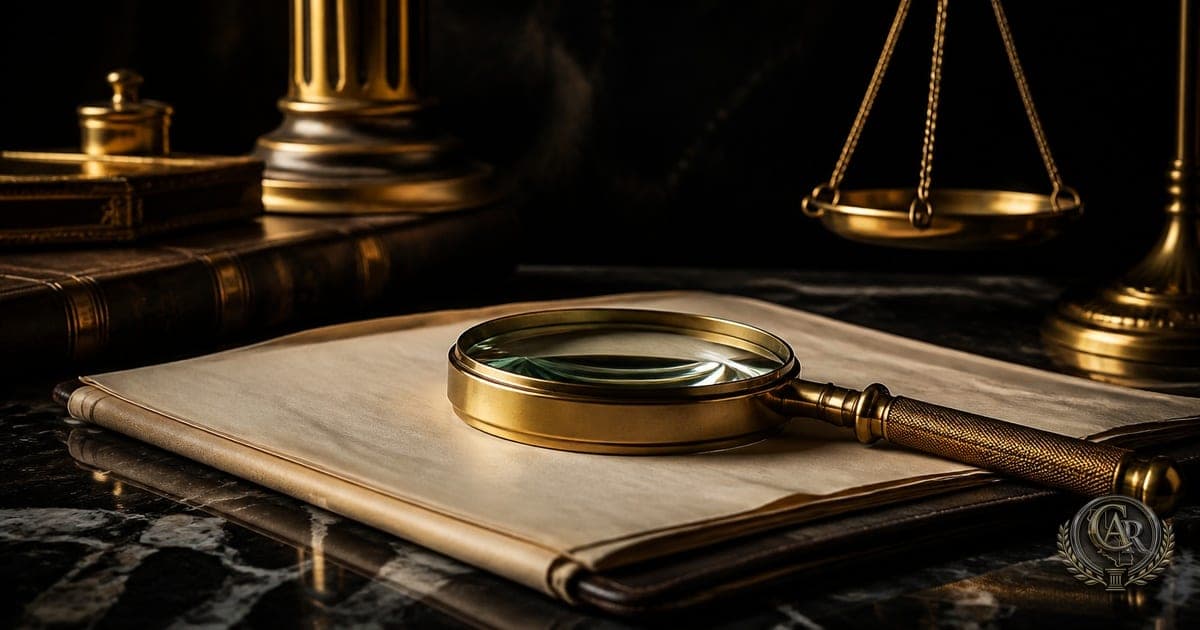 Brass magnifying glass resting on a folded insurance policy beside a marble desk in warm light